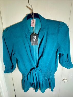 Nina Piu Metallic Teal Blouse | Smocked Waist & Bow Tie | Vintage Glam